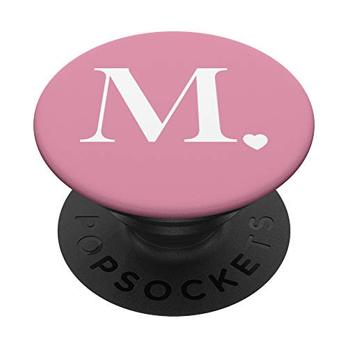 Peony Pink White Monogram Letter M Initial Heart Design PopSockets PopGrip Swappable Grip for Phones  and  Tablets
