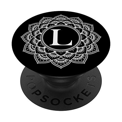 Black Floral White Flower Monogram Letter L Initial Mandala PopSockets PopGrip Swappable Grip for Phones  and  Tablets