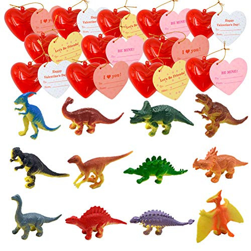 12 Packs Kids Valentine Party Favors Set Includes 12 Dinosaur Figures Filled Hearts with Valentine Cards for Kids Valentine Classroom Exchange Party Favors Dinosaur Toys for Valentine Gift Exchange Game Prizes and Carnivals Gift