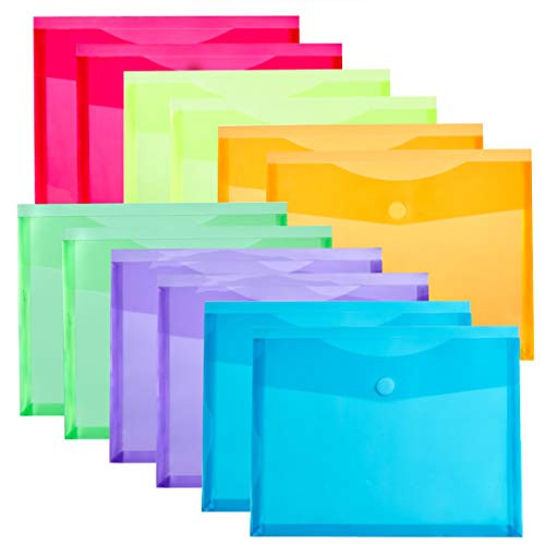 FANWU 12 Pack Assorted Color Plastic Envelopes with Hook  and  Loop Closure - 1-16 Expansion - Letter A4 Size Reusable Poly File Document Folders Envelopes with Expandable Gusset for School Home Office
