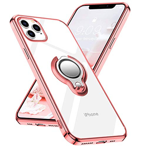 Designed for iPhone 12 Pro Max Case Clear with Ring Holder Kickstand Soft Slim Thin Bumper Cover Electroplated Frame Anti-Yellow Silicone Case for iPhone 12 pro Max6_7-Pink  and Rose Gold