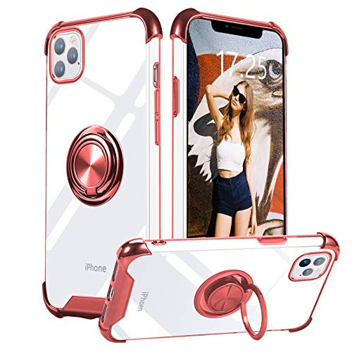 Designed for iPhone 12 Pro Max Case Clear Slim Thin Soft Silicone Case with Ring Holder Kickstand Electroplated Edges Protective Bumper Cover Case for iPhone 12Pro Max-6_7-Pink  and Rose Gold
