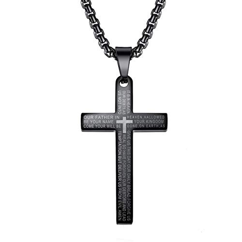 Mens Stainless Steel Lords Prayer Nail Cross Pendant Necklace for Boys Women Men Chain 24 Black Mens Stainless Steel Lords Prayer Nail Cross Pendant Necklace for Boys Women Men Chain 24 Black
