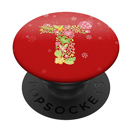 Christmas Initial Letter T Colored Floral Monogram For Wom PopSockets PopGrip Swappable Grip for Phones  and  Tablets