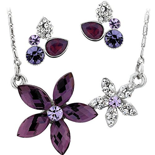 NEOGLORY Platinum Plated Purple Clear Crystal Jewelry Set Pendant Necklace Earrings Bridesmaid Jewelry Wedding Women Gift NEOGLORY Platinum Plated Purple Clear Crystal Jewelry Set Pendant Necklace Earrings Bridesmaid Jewelry Wedding Women Gift
