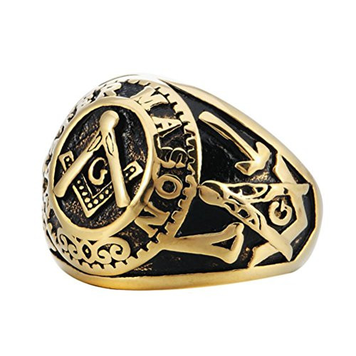 SINLEO Stainless Steel Gold Plated Vintage Freemason Symbol Masonic Rings for Men Signet Biker Band Size 8