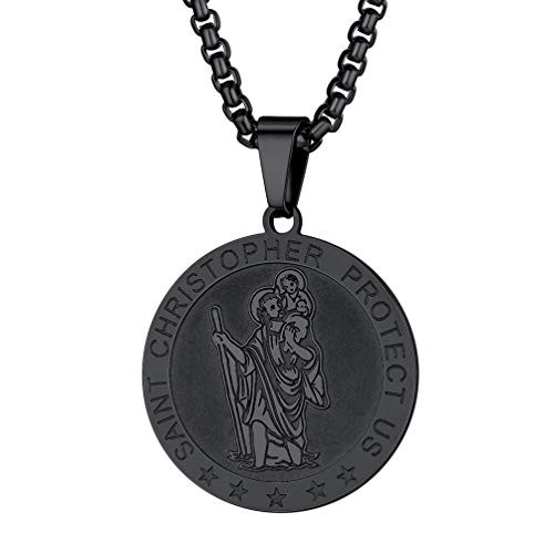 PROSTEEL Saint Christopher Shield Necklace Black Stainless Steel Patron Round Medal Pendant Chain Religious Jewelry Women Men Christian