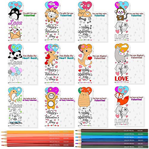 Zonon 48 Pieces Valentines Day Card Bookmark Valentines Day Greeting Cards with 12 Pieces Colorful Pencil for Valentines Classroom Exchange Valentine Party Favors