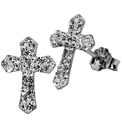 YACQ Womens 925 Sterling Silver Clear Crystal Small Cross Stud Earrings - Rhodium Plated YACQ Womens 925 Sterling Silver Clear Crystal Small Cross Stud Earrings - Rhodium Plated