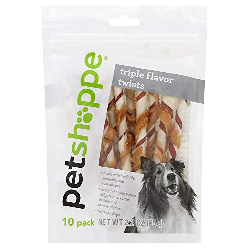 PetShoppe Triple Flavor Rawhide Twists Dog Treats_ with Real Chicken Porkhide and Beefhide_ 1-10 Pack