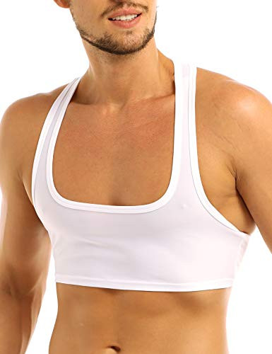 YiZYiF Mens Sleeveless Y Back Muscle Half Tank Top Vest Tee T-Shirts Crop Tops White Medium