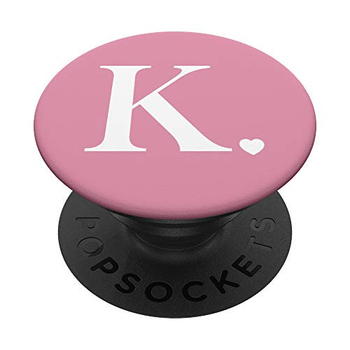 Peony Pink White Monogram Letter K Initial Heart Design PopSockets PopGrip Swappable Grip for Phones  and  Tablets