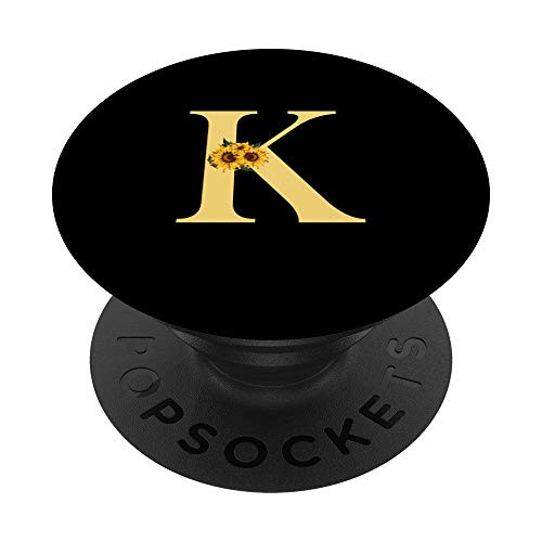 Black Sunflower Yellow Monogram Letter K PopSockets PopGrip Swappable Grip for Phones  and  Tablets