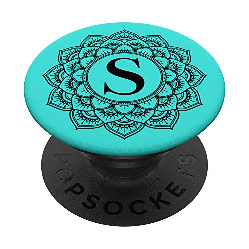 Black Teal Turquoise Monogram Letter S Initial Mandala PopSockets PopGrip Swappable Grip for Phones  and  Tablets