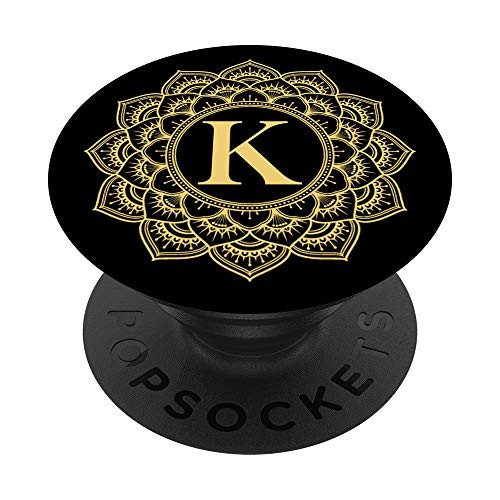 Sunflower Yellow Black Mandala Monogram Letter K Initial PopSockets PopGrip Swappable Grip for Phones  and  Tablets