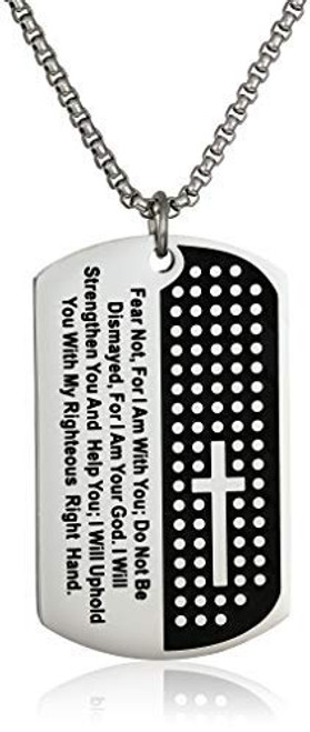 Mens Stainless Steel Carved Cross and Lords Prayer Black and Silver Dog Tag Pendant Necklace for Men Mens Stainless Steel Carved Cross and Lords Prayer Black and Silver Dog Tag Pendant Necklace for Men