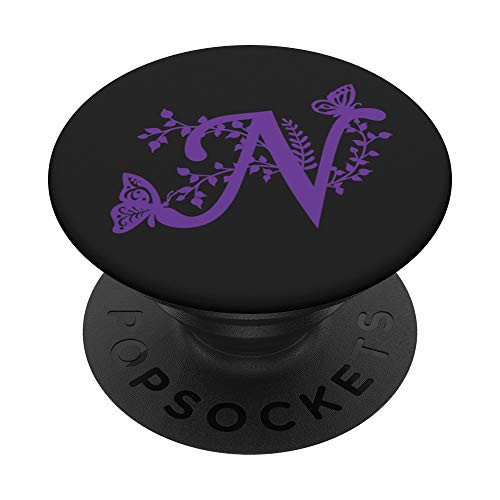 Black Purple Violet Monogram Letter N Initial Butterfly PopSockets PopGrip Swappable Grip for Phones  and  Tablets
