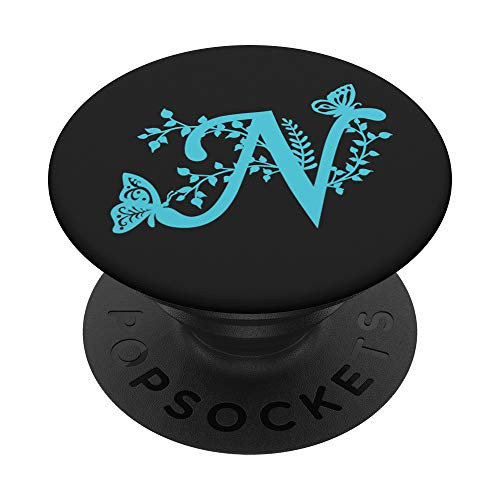 Black Teal Blue Monogram Letter N Initial Butterfly PopSockets PopGrip Swappable Grip for Phones  and  Tablets