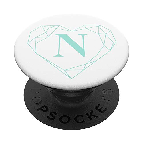 White Aqua Teal Blue Monogram Letter N Initial Heart Design PopSockets PopGrip Swappable Grip for Phones  and  Tablets