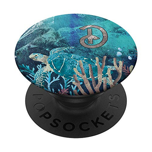Teal Gray Turquoise Mint Turtle Monogram Initial Letter D PopSockets Grip and Stand for Phones and Tablets