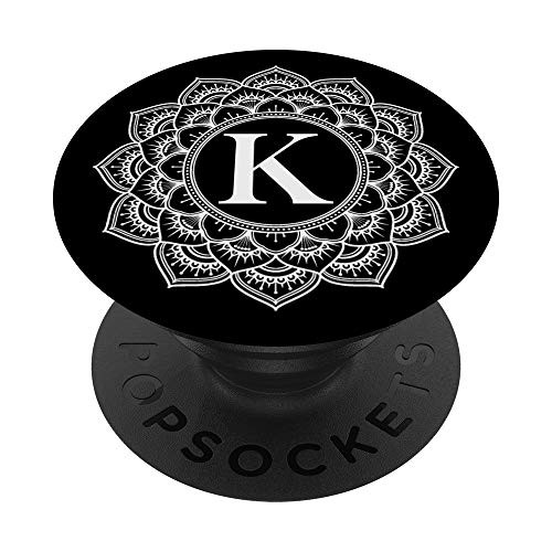 Black Floral White Flower Monogram Letter K Initial Mandala PopSockets PopGrip Swappable Grip for Phones  and  Tablets