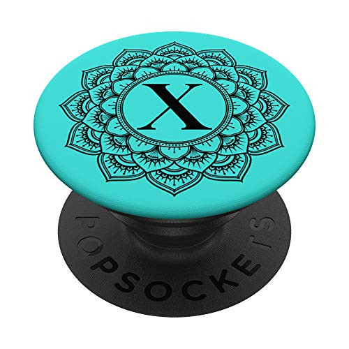 Black Teal Turquoise Monogram Letter X Initial Mandala PopSockets PopGrip Swappable Grip for Phones  and  Tablets