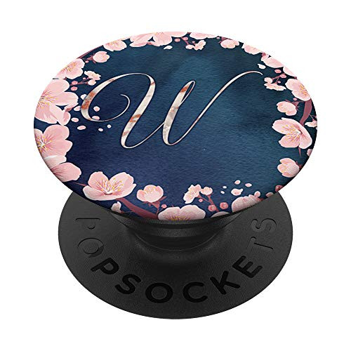 Letter W Cherry Blossoms Monogram Initial PopSockets Grip and Stand for Phones and Tablets