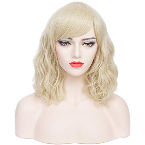 PATTNIUM Short Wavy Curly Blonde Wig with Bangs for Women Rose Net Wig Cosplay Halloween Party Wigs Light Blonde