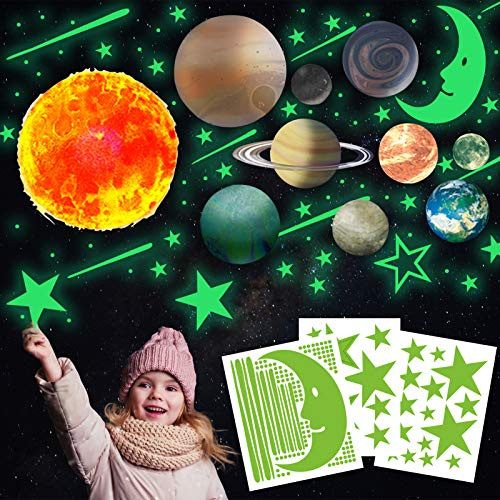 TANOKY Glow in The Dark Stars and Planets Bright Solar System Wall Stickers 9 Glowing Ceiling Decals for Kids Bedroom Shining Space Decoration - Sun Earth MarsStarsShooting Stars Small