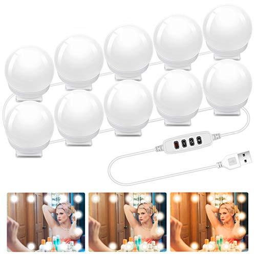 Hollywood Style LED Vanity Mirror Lights Kit 3 Color Modes  and  10 Adjustable Brightness with 10 LED Dimmable Bulbs USB Cable Vanity Lights for Makeup Vanity Table Set in Bathroon Dressing Room