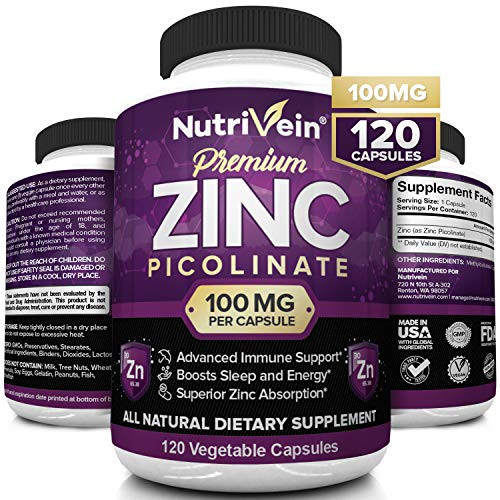 Nutrivein Premium Zinc Picolinate 100mg - 120 Capsules - Immunity Defense Boosts Immune System and Cellular Regeneration - Maximum Strength Bioavailable Supplement - Essential Elements for Absorption Nutrivein Premium Zinc Picolinate 100mg - 120 Capsules - Immunity Defense Boosts Immune System and Cellular Regeneration - Maximum Strength Bioavailable Supplement - Essential Elements for Absorption