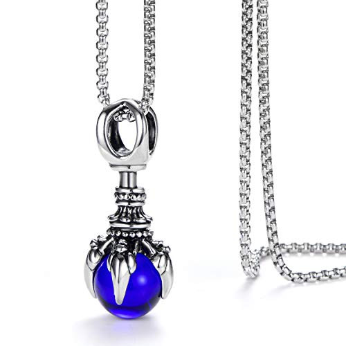 Mens Stainless Steel Pendant Necklace Dragon Claw Glass Bead Pendant with 24 Inches Chain Blue