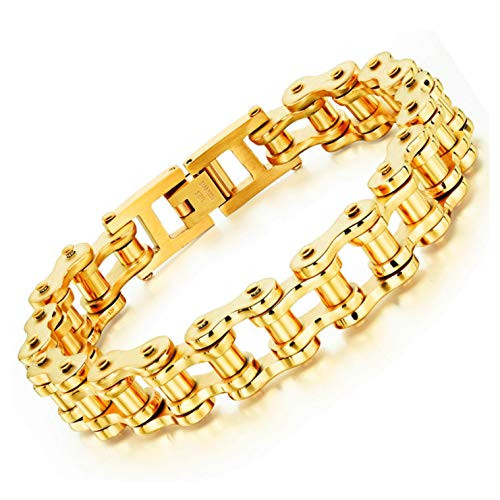 JUPPE Stainless Steel Bicycle Chain Mens Bracelet Heavy Motorcycle Bangle Jewelry for Men Gold