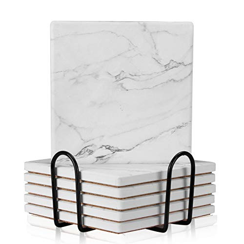 6 pcs Cool Absorbent Drink Coasters with Holder White Marble Coasters Ceramic Square Coaster Coffee Cup Coasters Table Coasters