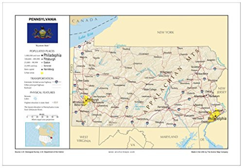 13x19 Pennsylvania General Reference Wall Map - Anchor Maps USA Foundational Series - Cities Roads Physical Features and Topography Rolled