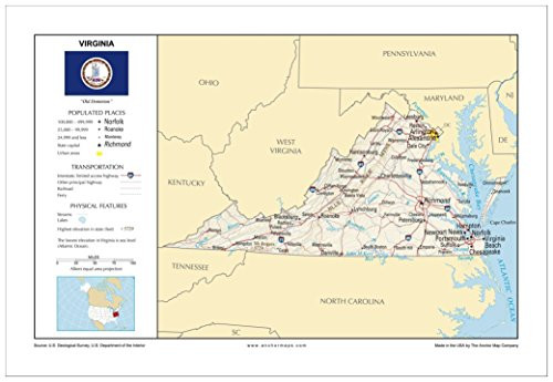 13x19 Virginia General Reference Wall Map - Anchor Maps USA Foundational Series - Cities Roads Physical Features and Topography Rolled