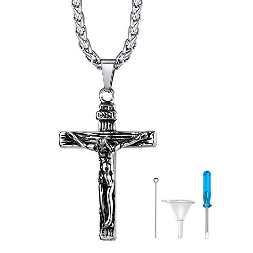 Crucifix Cross Pendant Urn Necklace For Ashes Men Women Cremation Jewelry Stainless Steel Jesus Charm with 22 Inch Wheat Chain Crucifix Cross Pendant Urn Necklace For Ashes Men Women Cremation Jewelry Stainless Steel Jesus Charm with 22 Inch Wheat Chain