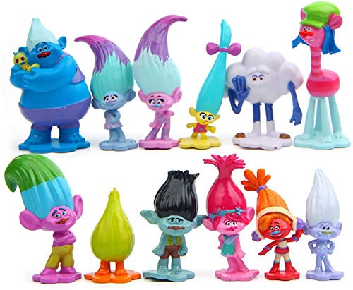 J and L 12pcs Trolls Toys Trolls Action Figures Mini Trolls Action Figures Birthday Cake Children Trolls Toys Troll Cake Decoration for Kids Birthday Baby Shower Troll Theme Party Supplies