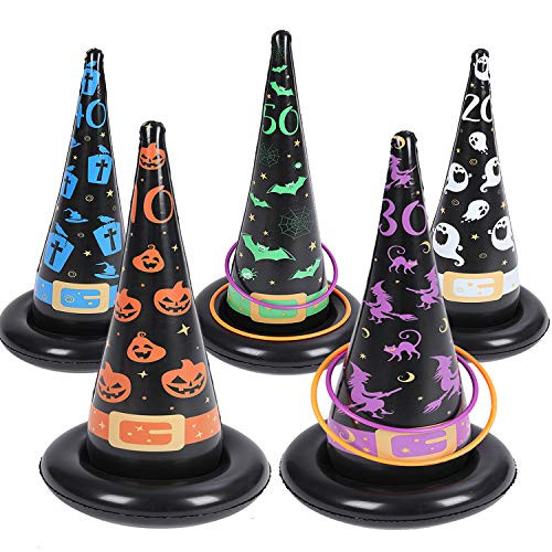 Dokeawo Inflatable Witch Hat Ring Toss Game 16 Pcs Halloween Ring Toss Games Funny Garden Toys for Kids Adults Halloween Party Ring Toss Set