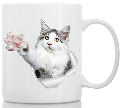 Reaching Maine Coon Cat Mug - Black White Maine Coon Ceramic Coffee Mug - Perfect Maine Coon Cat Gifts - Funny Maine Coon Cat Coffee Mug for Cat Lovers 11oz
