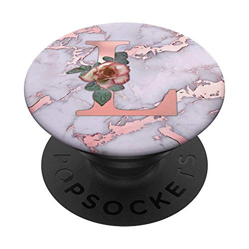 Letter L Golden Rose Floral Design On Pink Marbled PopSockets PopGrip Swappable Grip for Phones  and  Tablets