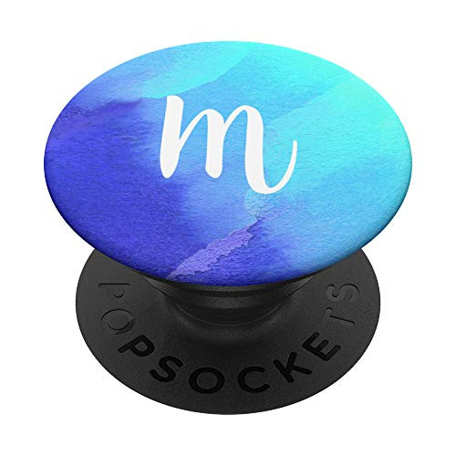 Letter M Monogram Bright Blue Watercolor PopSockets Grip and Stand for Phones and Tablets