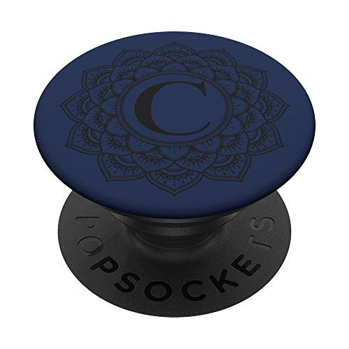 Navy Blue Mandala Flower Black Monogram Letter C Initial PopSockets Grip and Stand for Phones and Tablets