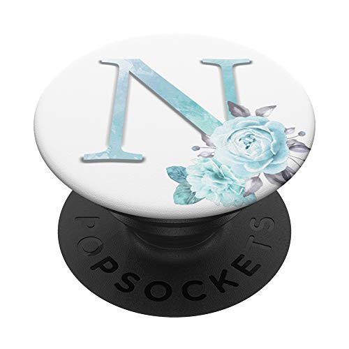 Personalized Monogram Initial Letter N Teal Floral Gift PopSockets PopGrip Swappable Grip for Phones  and  Tablets