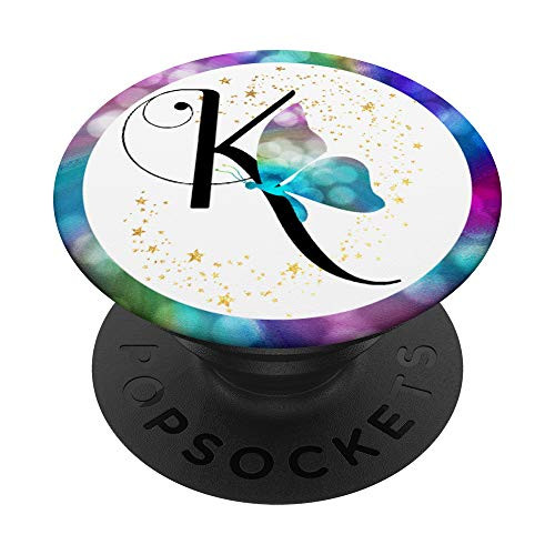 Black Monogram Letter K Initial Rainbow Butterfly PopSockets PopGrip Swappable Grip for Phones  and  Tablets