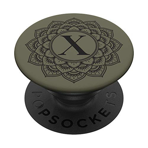 Black Olive Green Monogram Letter X Initial Mandala Flower PopSockets Grip and Stand for Phones and Tablets
