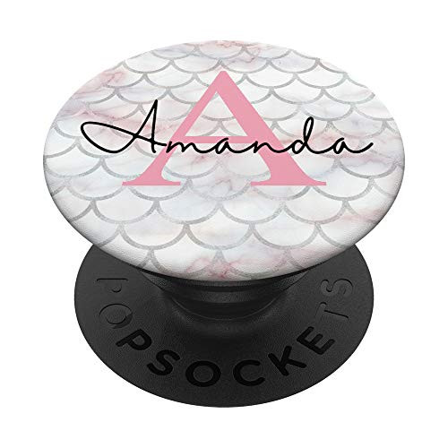 Amanda Name Letter A Mermaid Scales on Rose Pink PopSockets PopGrip Swappable Grip for Phones  and  Tablets
