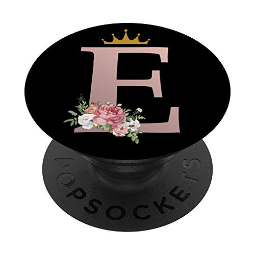 Rose Pink Letter E Floral Initial Monogram  and  Crown on Black PopSockets PopGrip Swappable Grip for Phones  and  Tablets