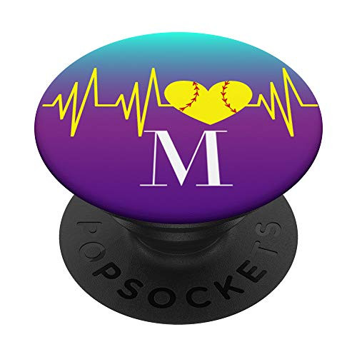 Softball Heartbeat Girl Player Gift Teal Purple Letter M PopSockets PopGrip Swappable Grip for Phones  and  Tablets