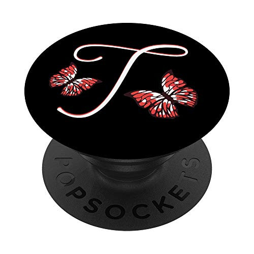 Initial letter T Red Butterfly Personalized Monogram PopSockets Grip and Stand for Phones and Tablets